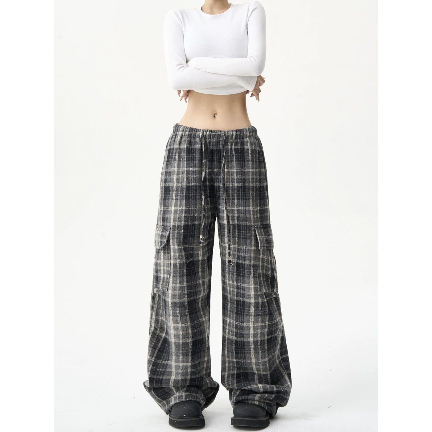 Drawstring Waist Plaid Cargo Pants Korean Street Fashion Pants By MaxDstr Shop Online at OH Vault
