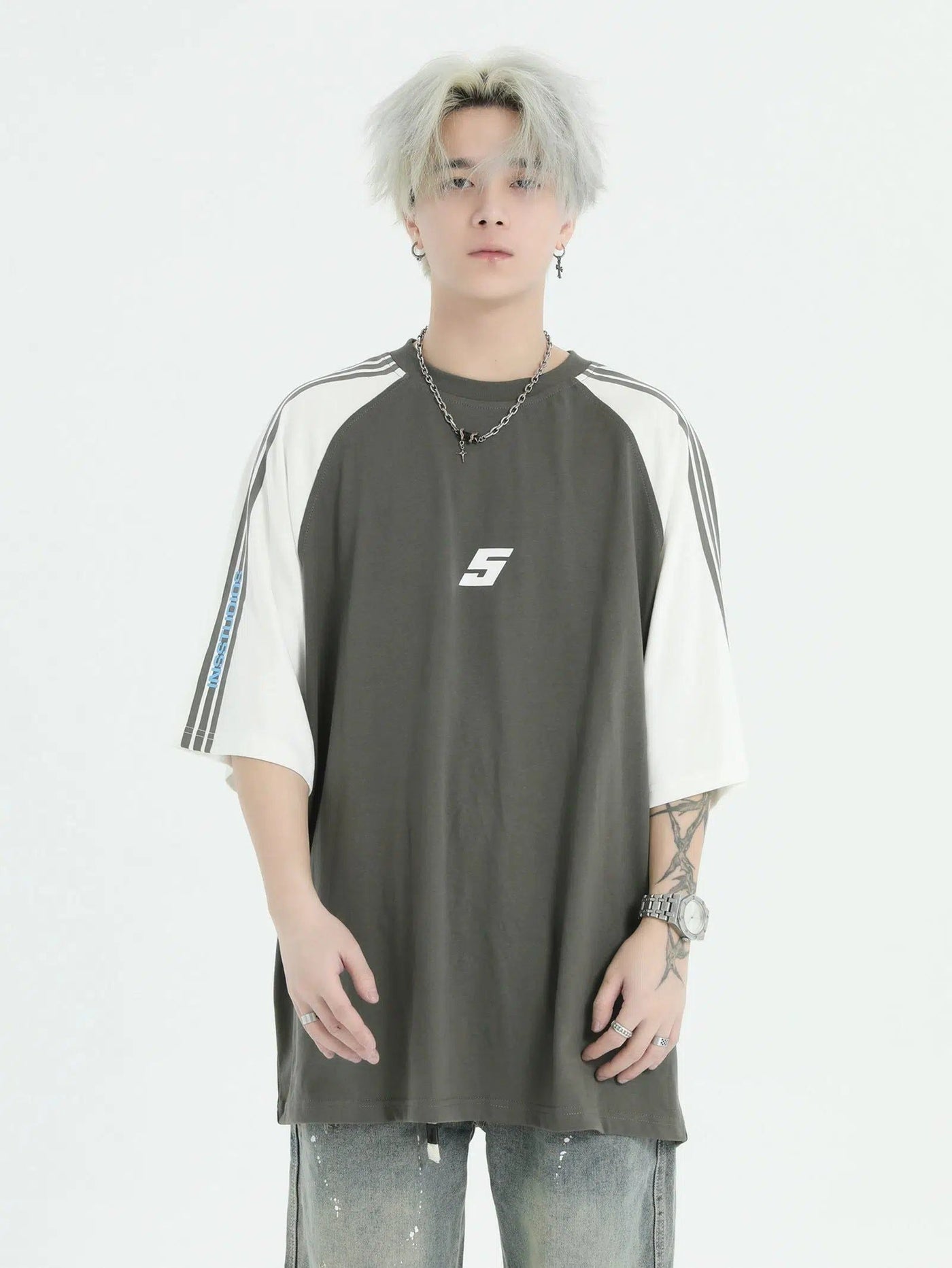 Spliced Contrast and Lines T-Shirt Korean Street Fashion T-Shirt By INS Korea Shop Online at OH Vault