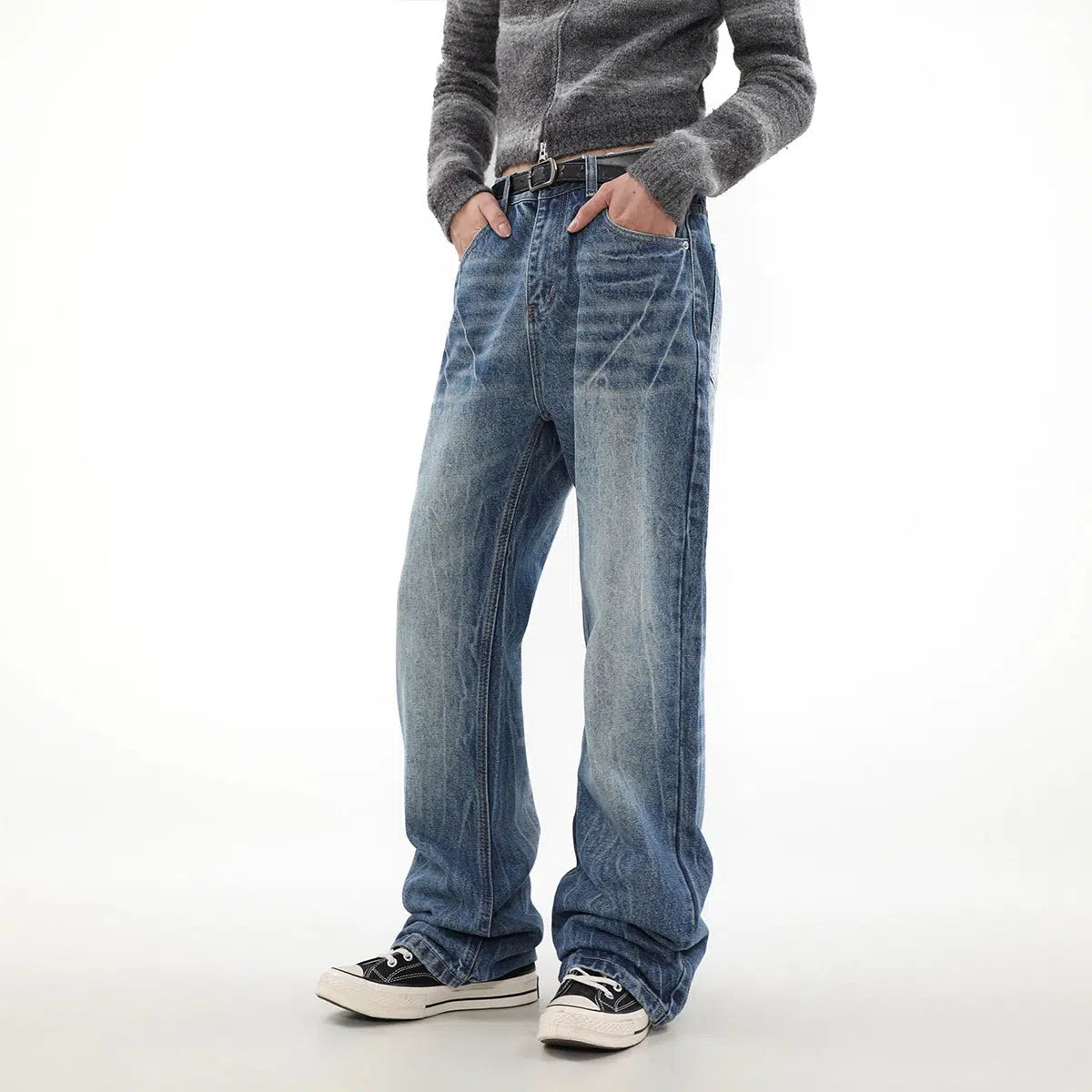 Cracked Detail Straight Jeans Korean Street Fashion Jeans By Mr Nearly Shop Online at OH Vault