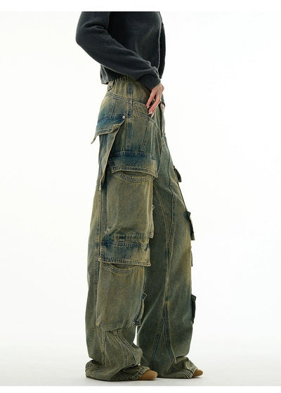Mid-Rise Faded Wide Cargo Jeans Korean Street Fashion Jeans By 77Flight Shop Online at OH Vault
