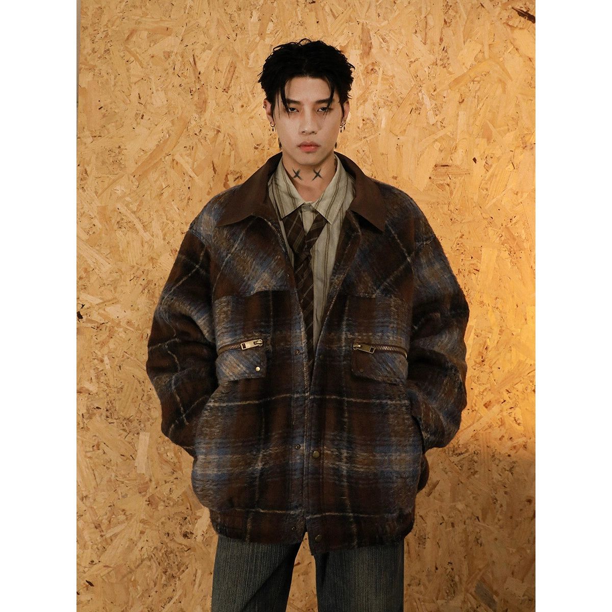 Plaid Collared Jacket Korean Street Fashion Jacket By Mr Nearly Shop Online at OH Vault