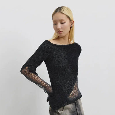 Spliced Mesh Hollowed Sweater Korean Street Fashion Sweater By Conp Conp Shop Online at OH Vault