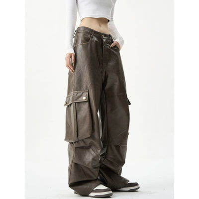 Oversized Pocket PU Leather Cargo Pants Korean Street Fashion Pants By MaxDstr Shop Online at OH Vault