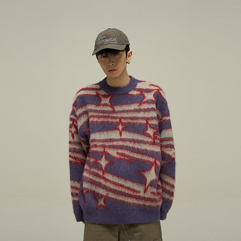Fuzzy Star Contrast Sweater Korean Street Fashion Sweater By 77Flight Shop Online at OH Vault