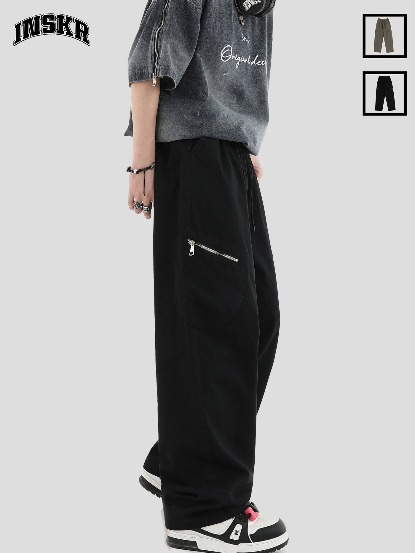 Casual Zip Patched Pocket Loose Pants Korean Street Fashion Pants By INS Korea Shop Online at OH Vault