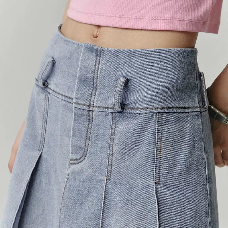 Pleated Washed Denim Skirt Korean Street Fashion Skirt By Opicloth Shop Online at OH Vault