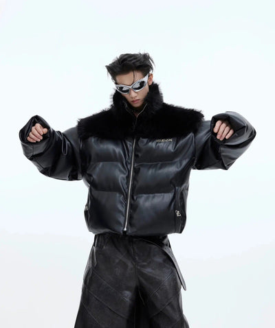 Fur and Leather Puffer Jacket Korean Street Fashion Jacket By Argue Culture Shop Online at OH Vault