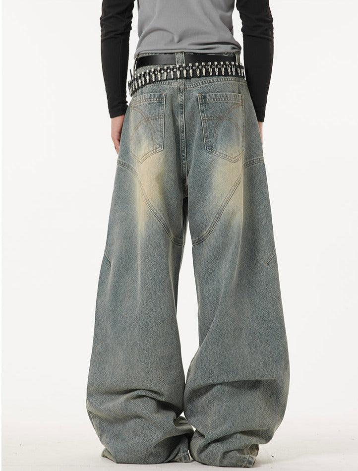 Washed Curved Stitches Wide Leg Jeans Korean Street Fashion Jeans By Dark Fog Shop Online at OH Vault