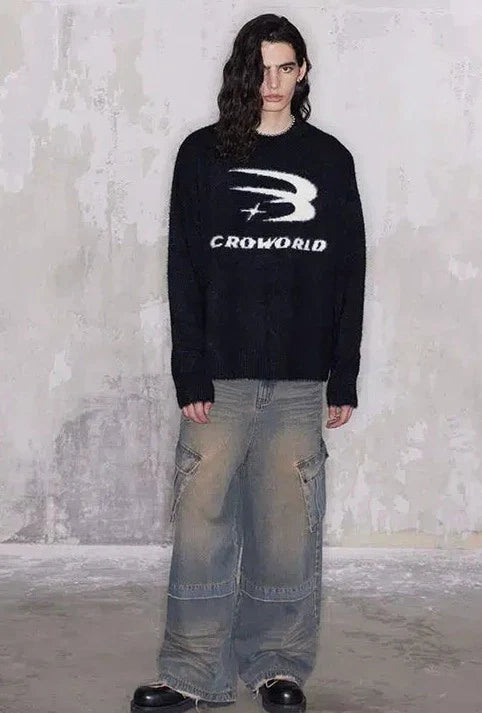 Cro World Logo Casual Fuzzy Sweater Korean Street Fashion Sweater By Cro World Shop Online at OH Vault
