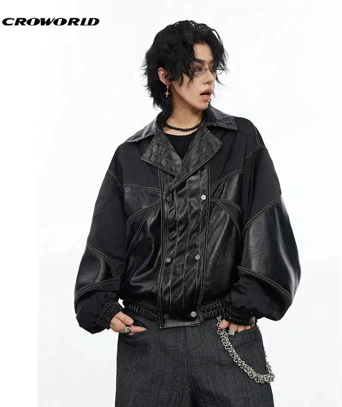 Stitched Contrast Lapel PU Leather Jacket Korean Street Fashion Jacket By Cro World Shop Online at OH Vault