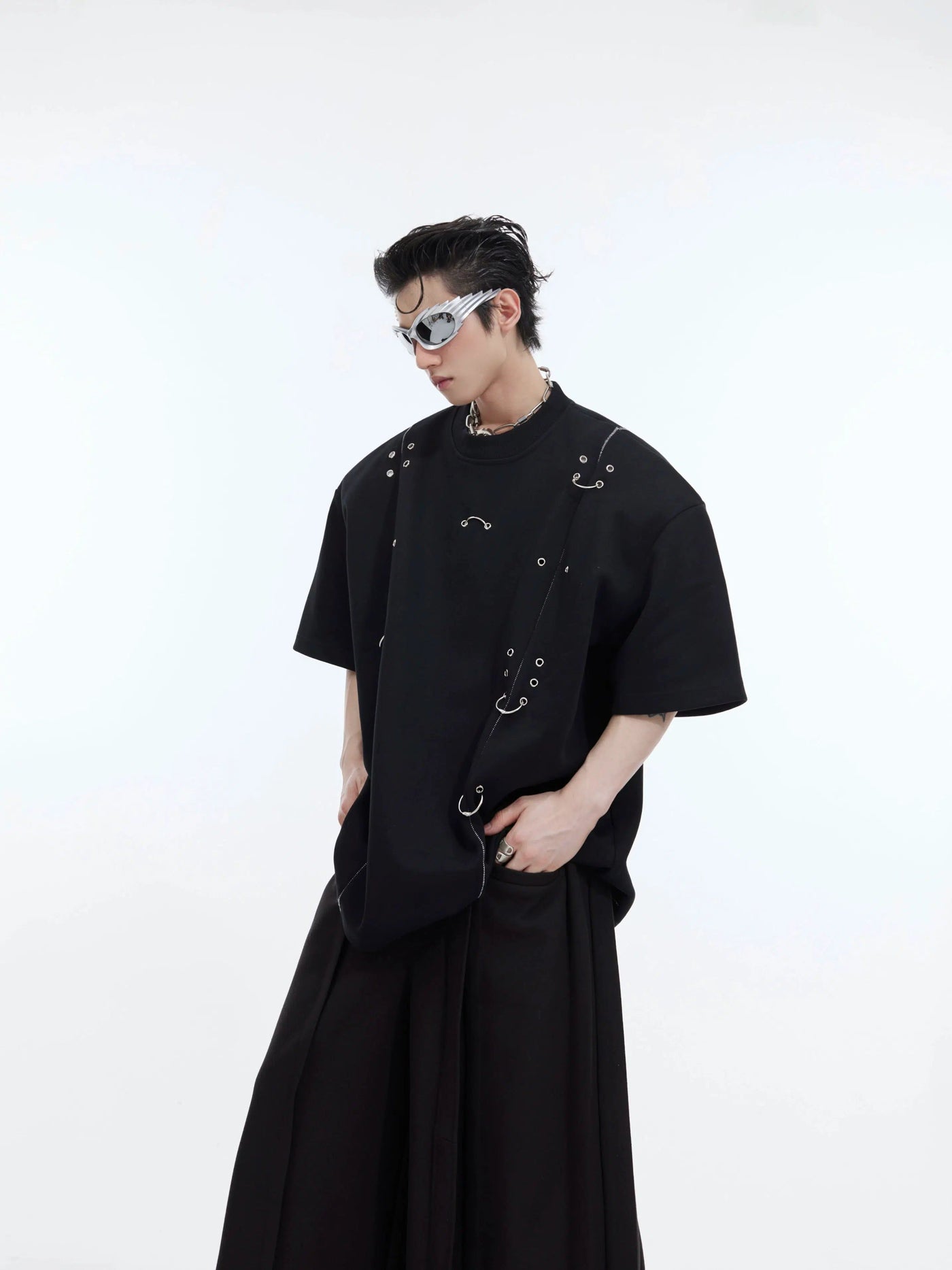 Metal Accent Shoulder Pad T-Shirt Korean Street Fashion T-Shirt By Argue Culture Shop Online at OH Vault