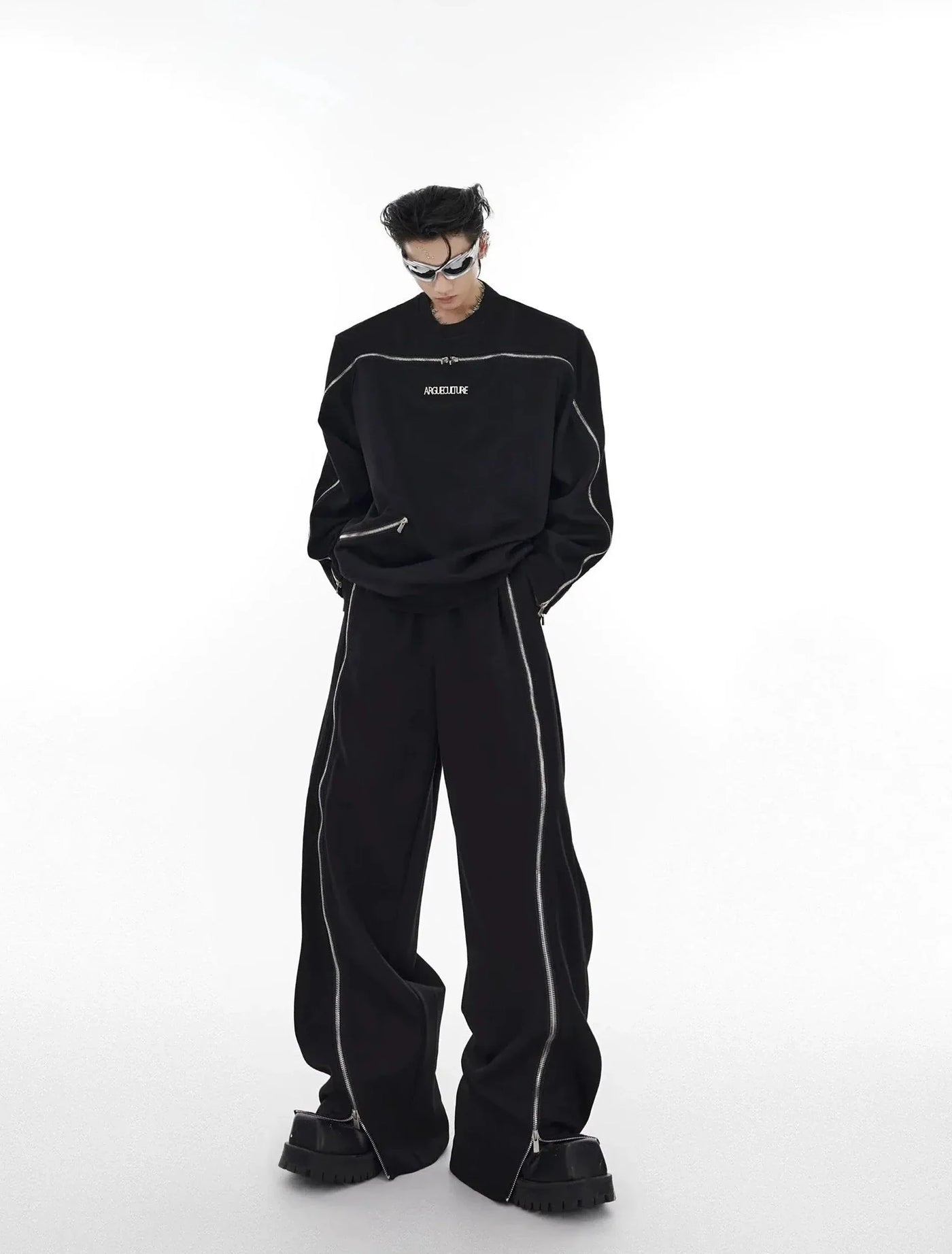 Argue Culture Zipper Outline Crewneck & Pants Set Korean Street Fashion Men'S Set By Argue Culture Shop Online at OH Vault