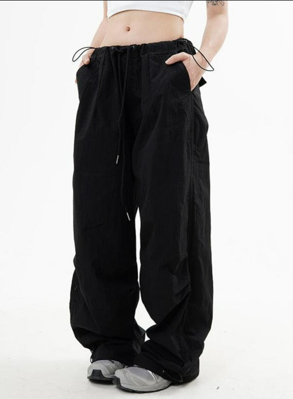 パンツ LCDC : 25SS / DRAWSTRING PARACHUTE TROUSERS (2COLORS) Countdown Black Classic Nylon Parachute Pants with Red