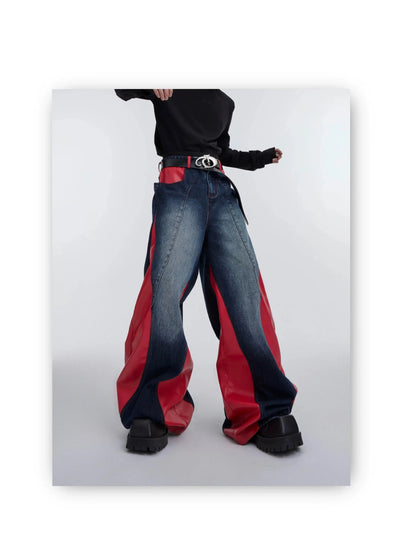 Faux Leather Contrast Jeans Korean Street Fashion Jeans By Argue Culture Shop Online at OH Vault