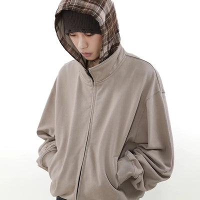 Plaid Hood Zipped Hoodie Korean Street Fashion Hoodie By Mr Nearly Shop Online at OH Vault