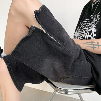 Made Extreme Washed Side Zip Slit Denim Shorts Korean Street Fashion Shorts By Made Extreme Shop Online at OH Vault