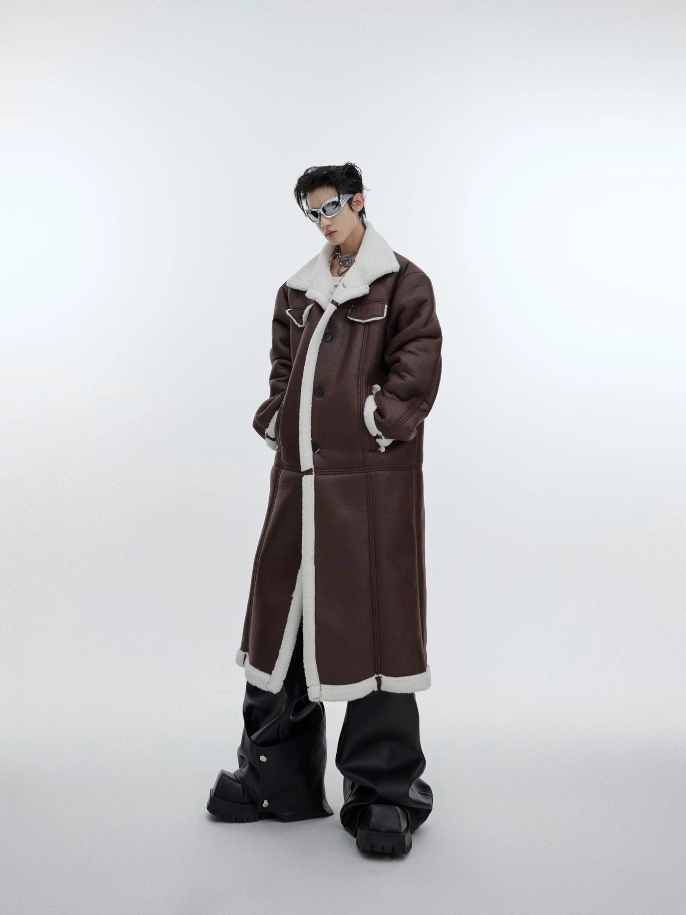 Sherpa PU Leather Long Coat Korean Street Fashion Long Coat By Argue Culture Shop Online at OH Vault