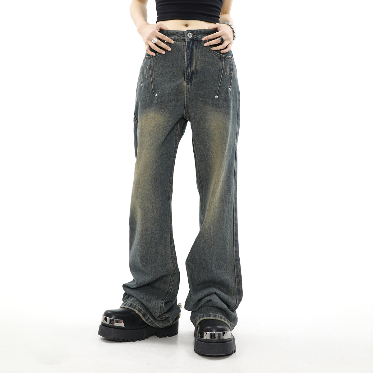 Distressed Buttons Flare Leg Jeans Korean Street Fashion Jeans By Mr Nearly Shop Online at OH Vault