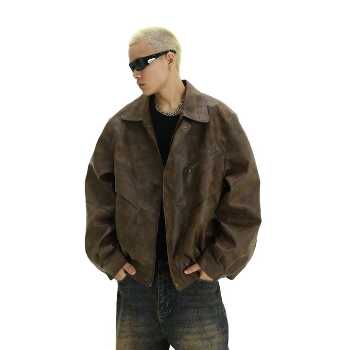 Tie-Dyed Lapel PU Leather Jacket