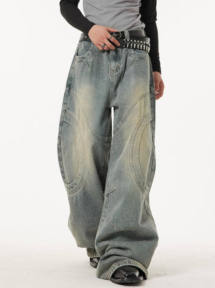 Dark Fog Washed Curved Stitches Wide Leg Jeans Korean Street Fashion Jeans By Dark Fog Shop Online at OH Vault