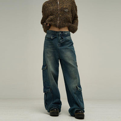 77Flight Faded Multi-Pocket Cargo Jeans Korean Street Fashion Jeans By 77Flight Shop Online at OH Vault