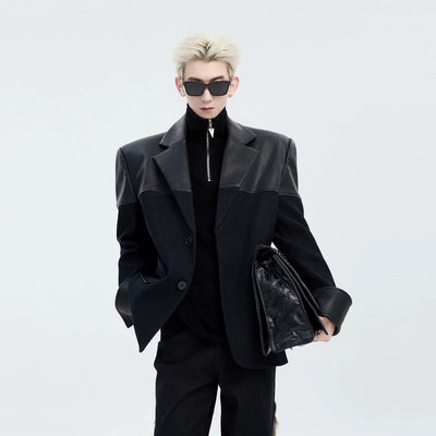 Spliced Denim PU Leather Blazer Korean Street Fashion Blazer By Slim Black Shop Online at OH Vault