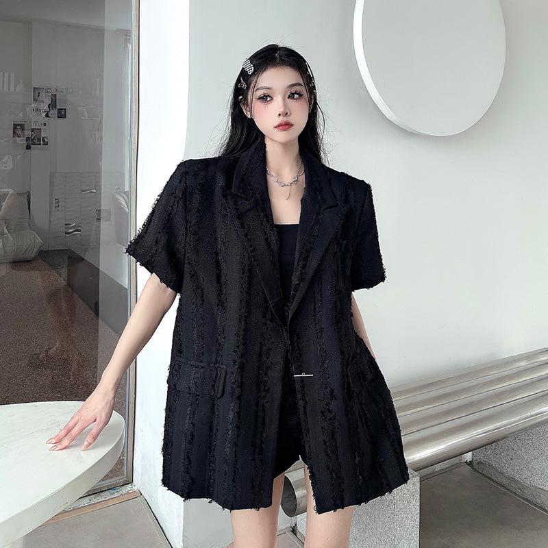 Made Extreme Frayed Textured Loose Blazer Korean Street Fashion Blazer By Made Extreme Shop Online at OH Vault