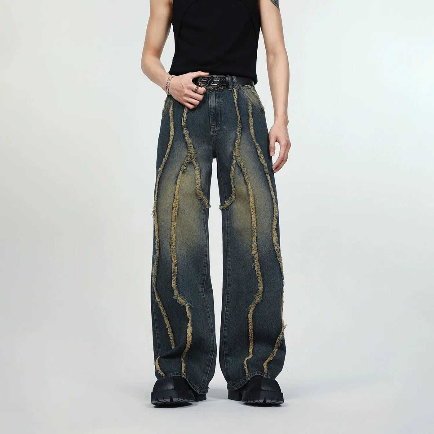 Distressed Abstract Lines Jeans Korean Street Fashion Jeans By Turn Tide Shop Online at OH Vault