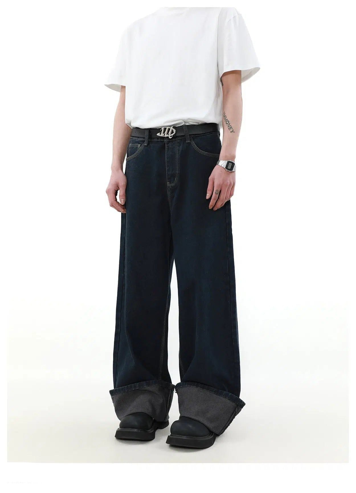 Stitched Detail Wide Jeans Korean Street Fashion Jeans By Mr Nearly Shop Online at OH Vault