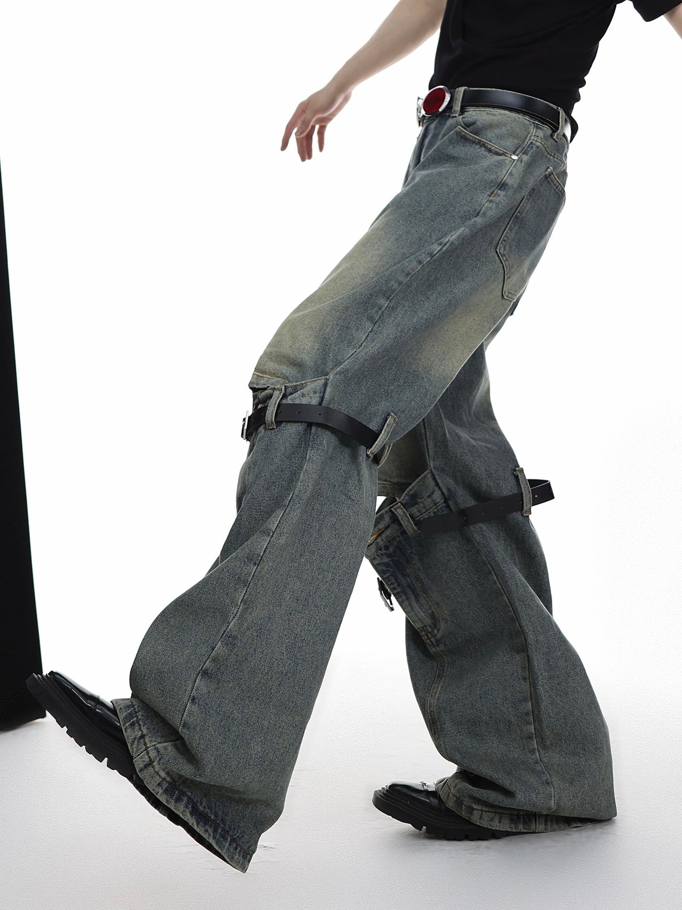 Argue Culture Washed Knee Buckle Belt Jeans Korean Street Fashion Jeans By Argue Culture Shop Online at OH Vault