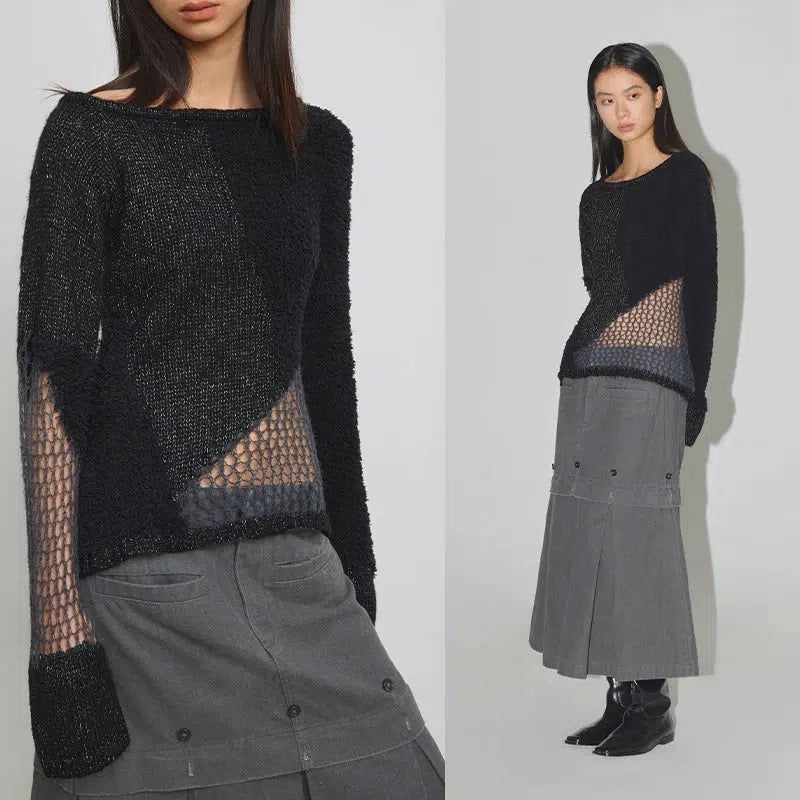 Spliced Mesh Hollowed Sweater Korean Street Fashion Sweater By Conp Conp Shop Online at OH Vault