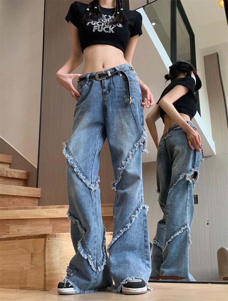 Made Extreme Frayed Trim Flared Leg Jeans Korean Street Fashion Jeans By Made Extreme Shop Online at OH Vault