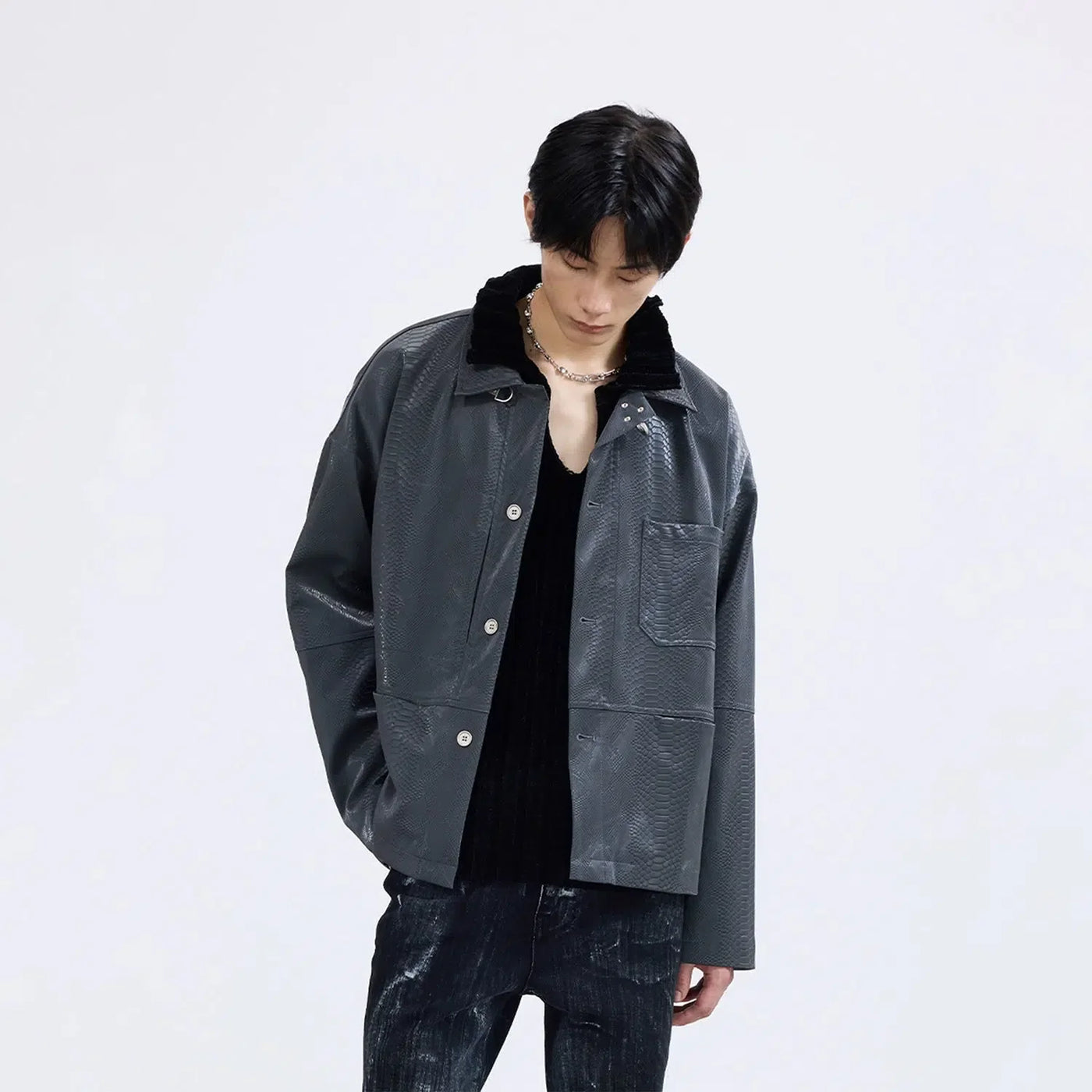 Snake Textured PU Leather Jacket Korean Street Fashion Jacket By Terra Incognita Shop Online at OH Vault