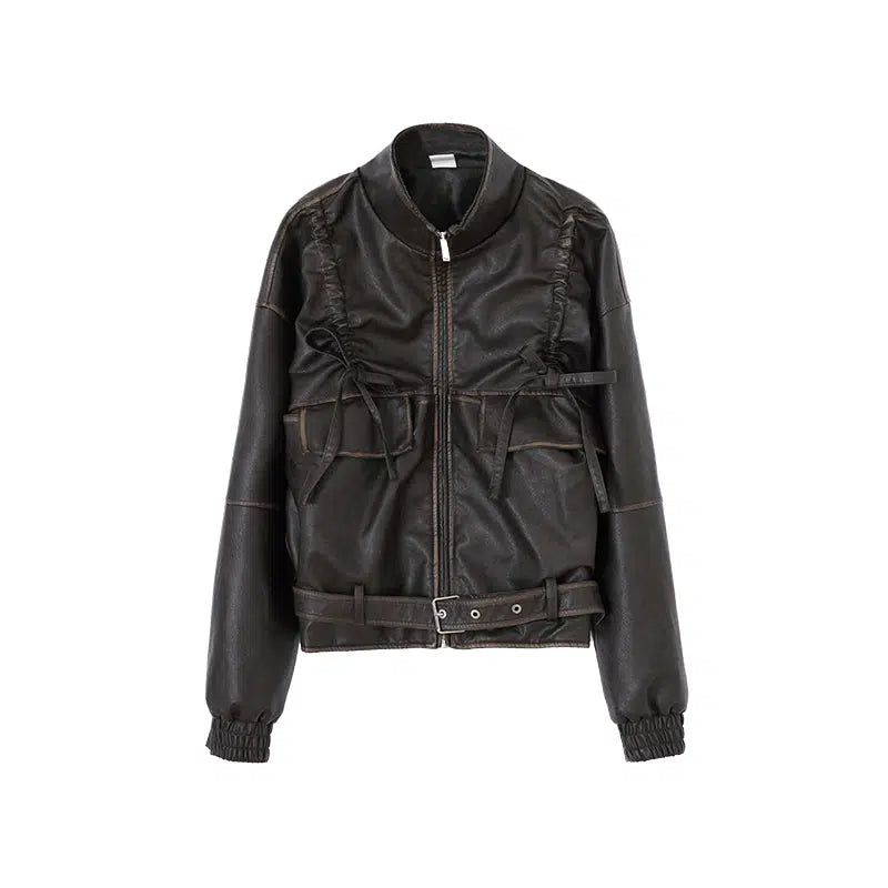 Ruched Hem PU Leather Jacket Korean Street Fashion Jacket By Conp Conp Shop Online at OH Vault