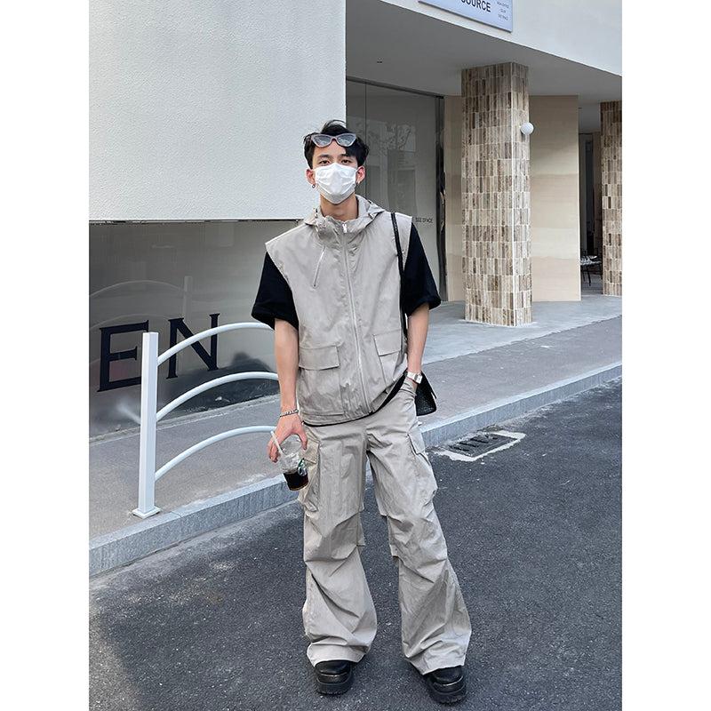 Flap Pocket Hooded Vest & Cargo Pants Set Korean Street Fashion Clothing Set By Poikilotherm Shop Online at OH Vault