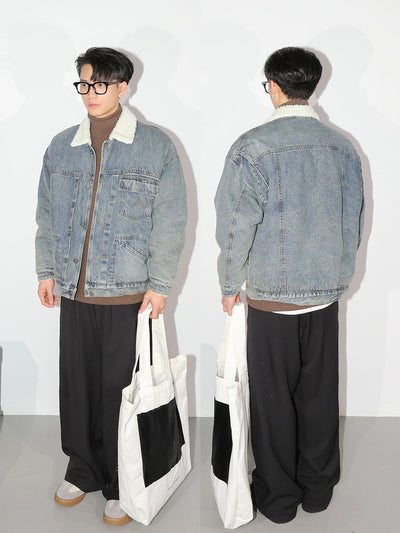 Sherpa Collared Denim Jacket Korean Street Fashion Jacket By Poikilotherm Shop Online at OH Vault