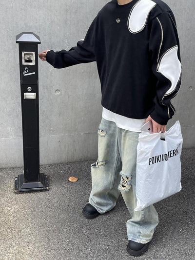 Poikilotherm Color Contrast Zip Detail Crewneck Korean Street Fashion Crewneck By Poikilotherm Shop Online at OH Vault