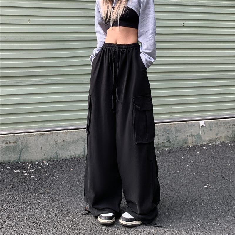 Made Extreme Drawstring Detail Wide Leg Cargo Pants Korean Street Fashion Pants By Made Extreme Shop Online at OH Vault