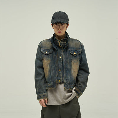 77Flight Frayed Hem Strap Faded Moto Denim Jacket Korean Street Fashion Jacket By 77Flight Shop Online at OH Vault