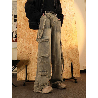 Wash Fade Strap Cargo Jeans Korean Street Fashion Jeans By Mr Nearly Shop Online at OH Vault