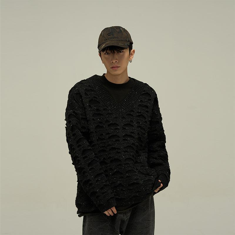 77Flight Gradient Hollow Out Pattern V-Neck Sweater Korean Street Fashion Sweater By 77Flight Shop Online at OH Vault