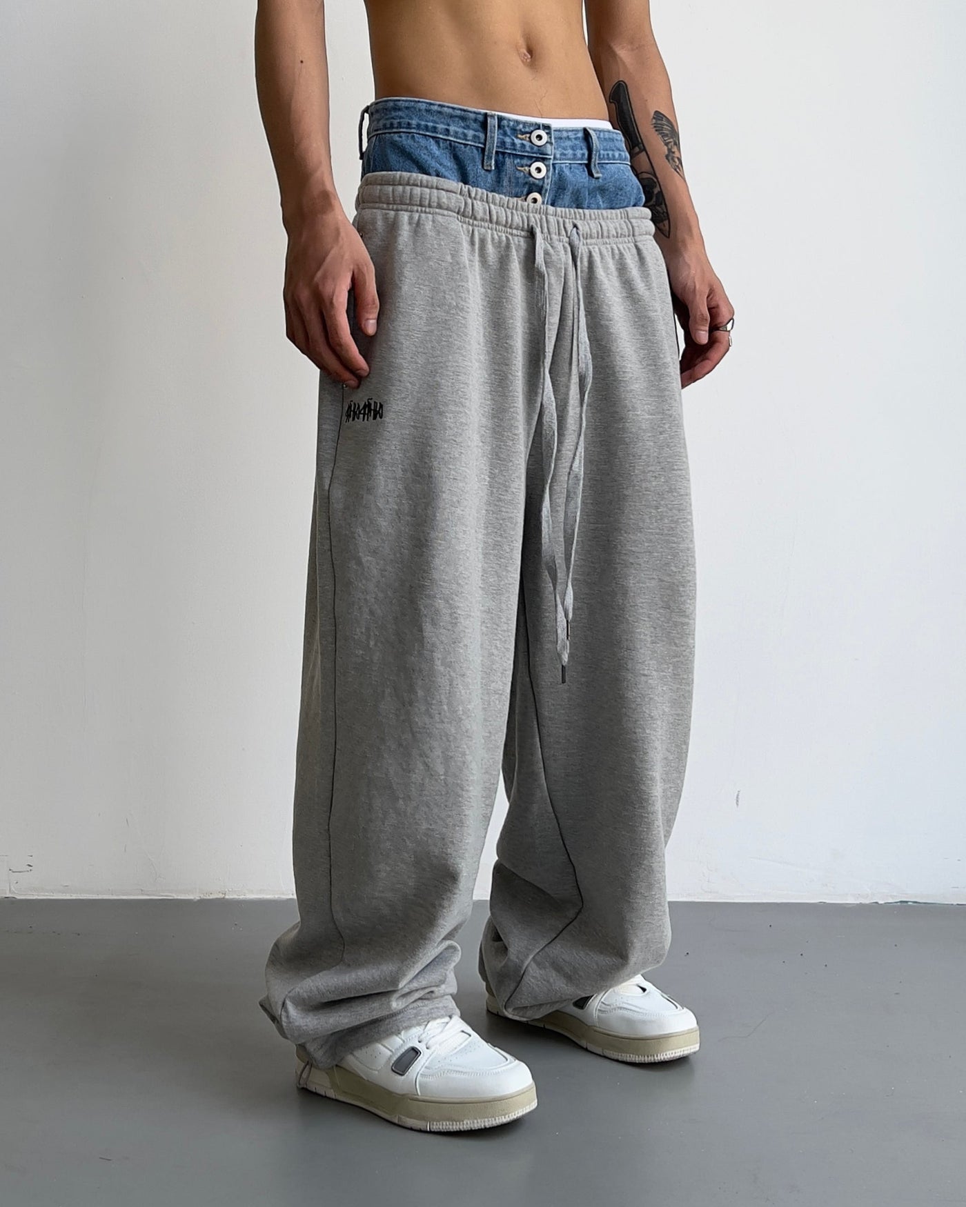 Drawstring Denim Flange Sweatpants Korean Street Fashion Pants By MEBXX Shop Online at OH Vault