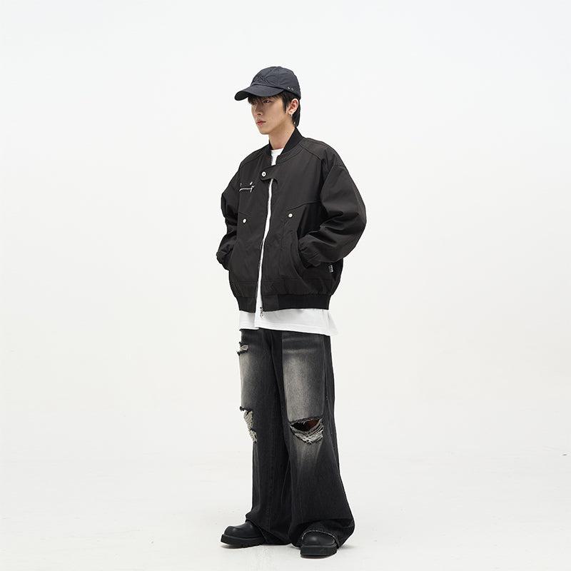 77Flight Metal Buttoned Zip-Up Bomber Jacket Korean Street Fashion Jacket By 77Flight Shop Online at OH Vault
