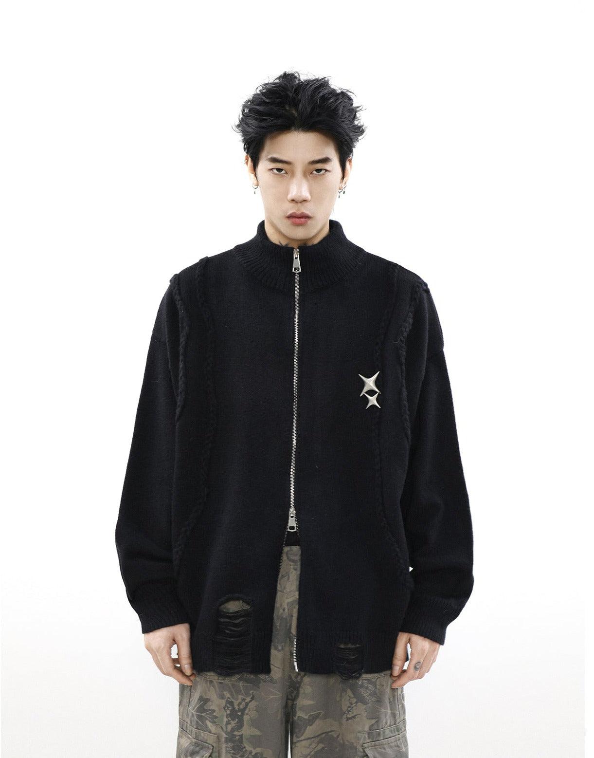 Mr Nearly Ripped Hole Metal Accent Knit Jacket Korean Street Fashion Jacket By Mr Nearly Shop Online at OH Vault