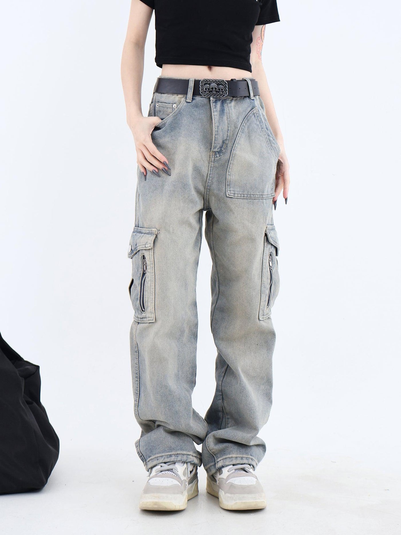 Washed Multi-Pocket Cargo Jeans Korean Street Fashion Jeans By Jump Next Shop Online at OH Vault