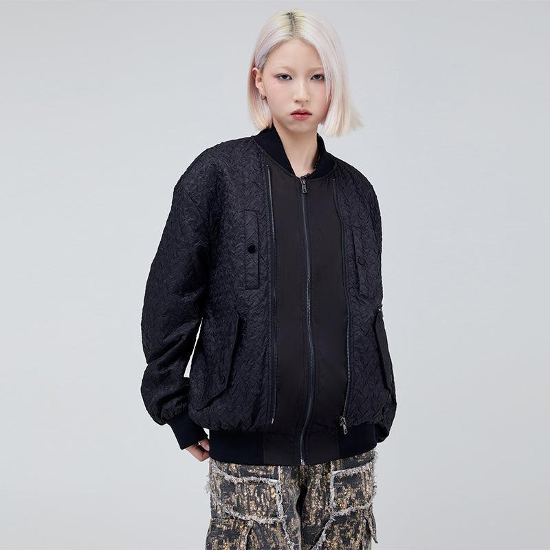 Made Extreme Zip Detail Textured Bomber Jacket Korean Street Fashion Jacket By Made Extreme Shop Online at OH Vault