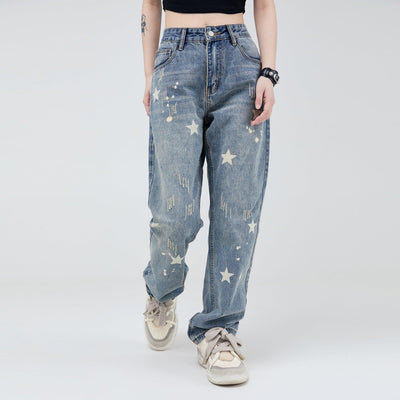 Made Extreme Star Printed Straight Jeans Korean Street Fashion Jeans By Made Extreme Shop Online at OH Vault