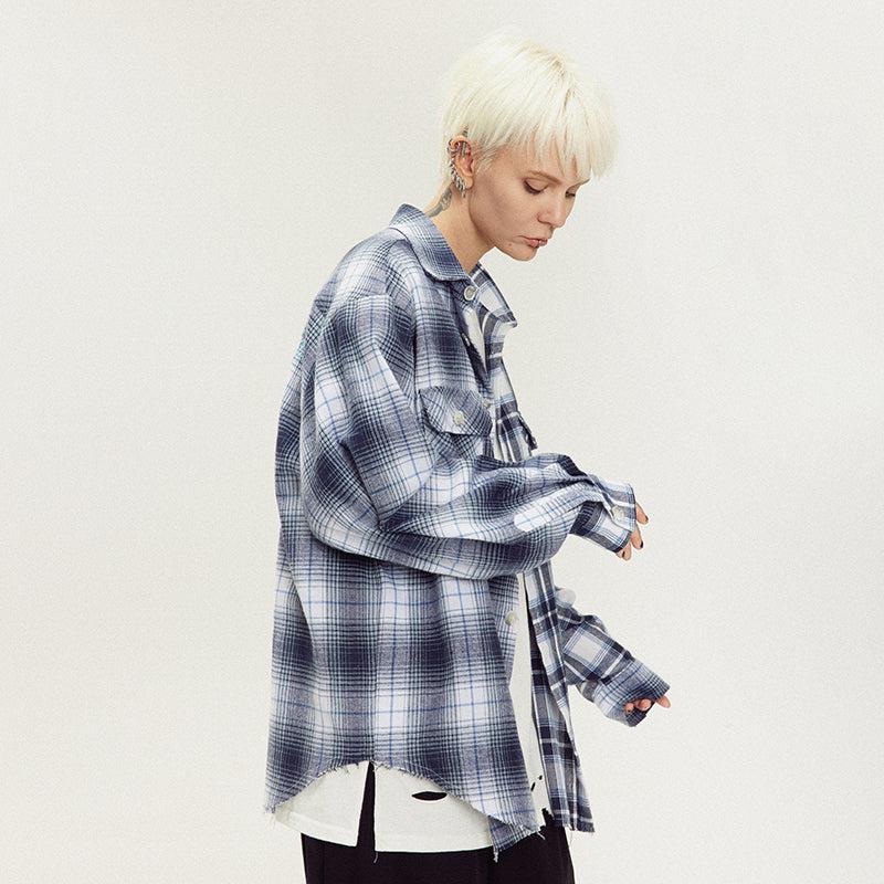 Asymmetrical Plaid Long Sleeve Shirt Korean Street Fashion Shirt By Lost CTRL Shop Online at OH Vault