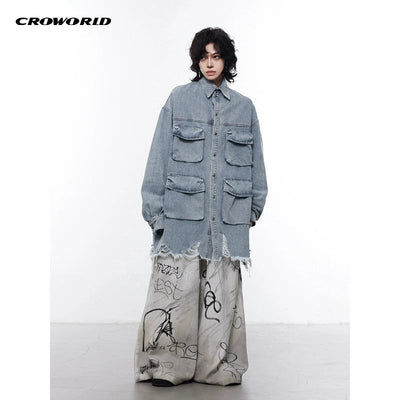 Washed Multi-Pocket Distressed Denim Shirt Korean Street Fashion Shirt By Cro World Shop Online at OH Vault