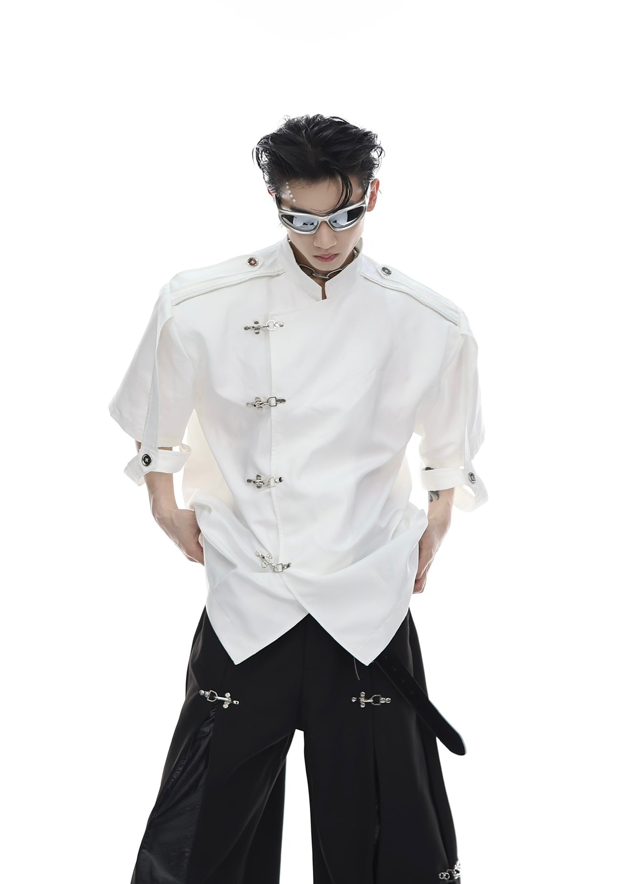 Metal Buttons Strap Lace Shirt Korean Street Fashion Shirt By Argue Culture Shop Online at OH Vault